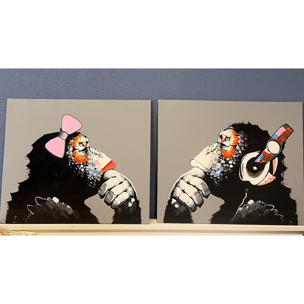 Banksy-Inspired DJ/Pink Bow Thinker Monkey Canvas Set Ready to Hang Wall 24"x20"